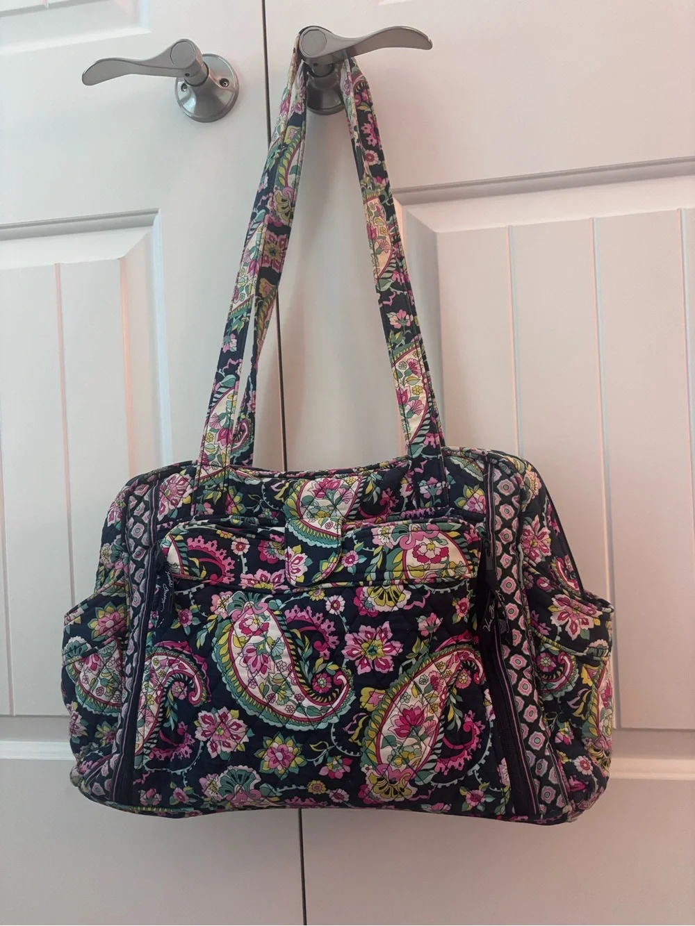 Vera Bradley Navy Quilted Diaper Bag with Pink and Green Paisley